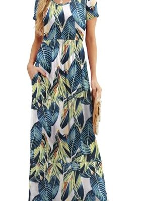 Women Summer Crew Neck Casual Short Sleeve Solid Floral Print Long Maxi Dress with Pockets