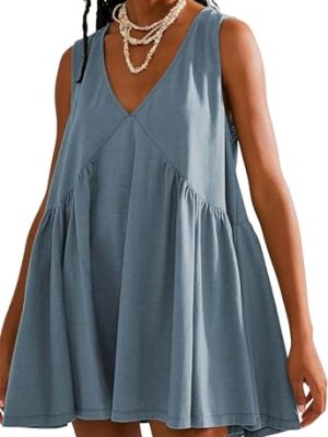 Sleeveless Mini Dress for Women 2025 Summer Casual V Neck Sundress Loose Babydoll Dress with Pockets
