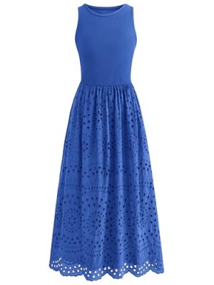 Women Summer Dresses 2025 Casual Sleeveless Crewneck A-Line Boho Lace Eyelet Cotton Tank Maxi Dress with Pockets