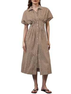 Women Button Front Pleated Shirt Maxi Dress Summer Striped Prints Short Sleeve Collar Casual Long Dresses