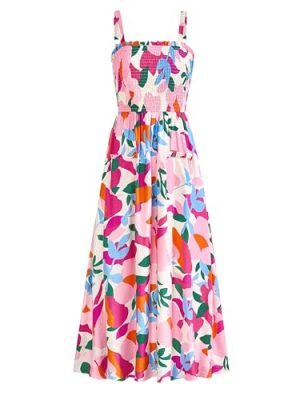 Womens Summer Dresses 2025 Casual Spaghetti Strap Ruffle Smocked Flowy Floral Print Maxi Dress with Pockets