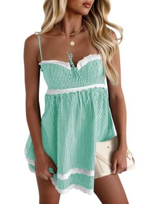Womens Summer Mini Dress Spaghetti Strap Sweetheart Y2K Plaid Lace Trim Tiered Beach Sundress Dresses