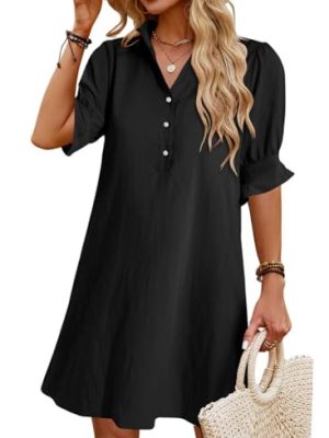 Womens Summer Shirt Dress 2025 Casual Ruffle Short Sleeve Button Down Flowy Swing Shift Mini Dresses with Pockets