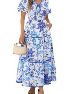 Women Summer Boho Maxi Dresses 2025 V Neck Puff Short Sleeve A-Line Flowy Tiered Floral Wedding Guest Dress