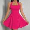 419I8ue3vCL.jpg Women's 2025 Summer Dress Sleeveless Halter Neck Sundress Backless Flared Short Mini Beach Dress