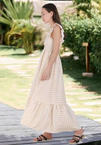 419IGLlRxZL.jpg Women's Retro Plaid Smocked Dress Spaghetti Strap Flounce Long Dress