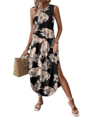 Women Floral Summer Casual Beach Printed Tank Dress with Pockets Pleated Front Long Dress