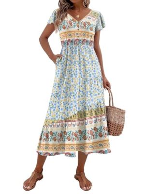 Women's Summer Casual Dress Flutter Short Sleeve V Neck Button Down Tiered Flowy Long Dress with Pockets