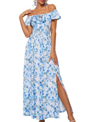 2025 Womens Maxi Dresses Summer Off Shoulder Floral Dress Ruffle Split Beach Flowy Boho Wedding Guest Dress