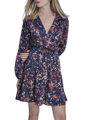 Women's Balloon Sleeve V-Neck Ruffle Trim A-line Mini Dress