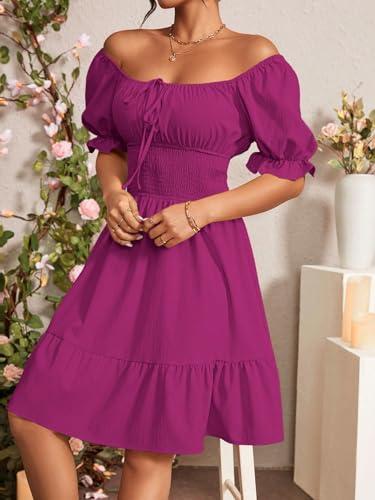 41DSgTW6rhL.jpg Women's Boho 2025 Summer Mini Dress, Square Neck Front Tie Puff Sleeve Casual Mini Dress