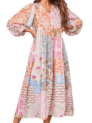 Women Boho Floral Printed Long Dress Summer Lantern Half Sleeve Beach Flowy Loose Swing Sundress