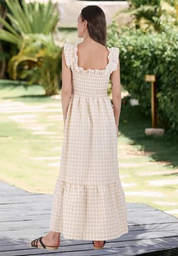 41EM9XyYwZL.jpg Women's Retro Plaid Smocked Dress Spaghetti Strap Flounce Long Dress