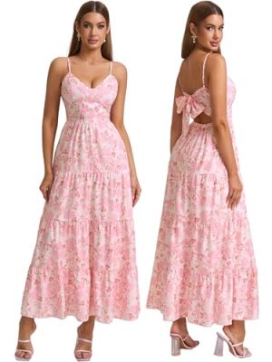 Women Casual Summer Floral Maxi Sundress V Neck Spaghetti Strap Bow Tie Backless Flowy Boho Beach Long Dress 2025