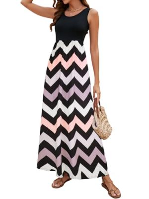 Women Boho Chevron Striped Floral Printed Summer Sleeveless Tank Long Maxi Party Dress