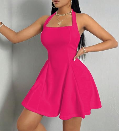 41HjC3zuGL.jpg Women's 2025 Summer Dress Sleeveless Halter Neck Sundress Backless Flared Short Mini Beach Dress