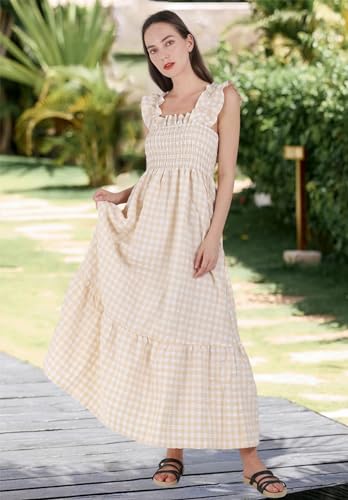 41IylvnbUnL.jpg Women's Retro Plaid Smocked Dress Spaghetti Strap Flounce Long Dress