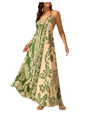 Women's Summer Tropical Floral Halter Maxi Dress Open Back Empire Waist Flowy Boho Dress