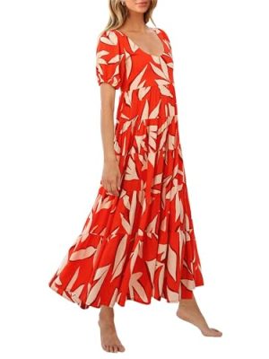 Casual Women Summer Dresses 2024 Puff Sleeve Floral Maxi Dresses Smocked Backless Flowy Tiered Beach Long Dress