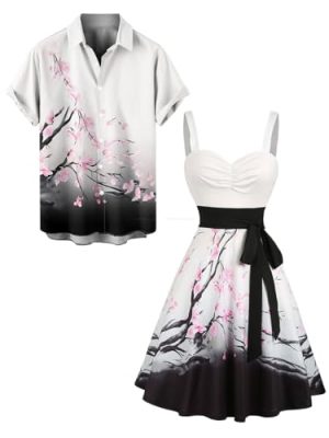 Couple Matching Hawaiian Outfits Plum Blossom Print Women's Floral Mini Dress or Men's Button Up Shirt Outfit