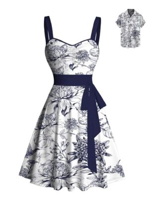 Matchable Couples' Hawaiian Outfit Porcelain Style Floral Print Men's Shirt Or Women's Belted Mini Dress