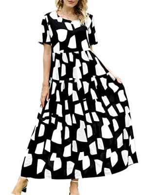 Women Casual Loose Bohemian Floral Dress with Pockets Short Sleeve Long Maxi Summer Beach Swing Dress EJF