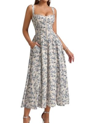 Floral Corset Midi Dress Flowy Slit Summer Spring Wedding Guest Dresses for Women Sundress with Pockets