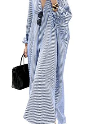 Women's Casual Long Sleeve Button Down Loose Striped Cotton Maxi Shirt Dress