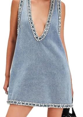 Women Sleeveless Denim Mini Dress V Neck High Waist Patchwork Summer Casual Streetwear Slim Fit