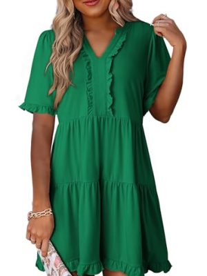 Womens Dresses 2025 Summer Spring V Neck Short Sleeve Casual A Line Flowy Swing Shift Dress Mini Dress