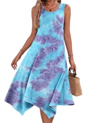 Women Summer Casual Maxi Dress Sexy O-Neck Sleeveless Beach Long Maxi Dresses Tie Dye XX-Large