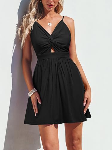 Women's Mini Dress Floral Twisted V Neck Sleeveless Short Dress Pleated Self Tie Back Mini Dress