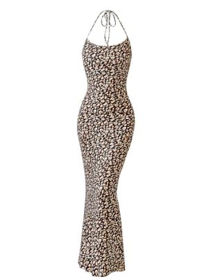 Maxi Dresses for Women 2025 Summer Halter Leopard Print Backless Sexy Bodycon Cocktail Beach Long Dress