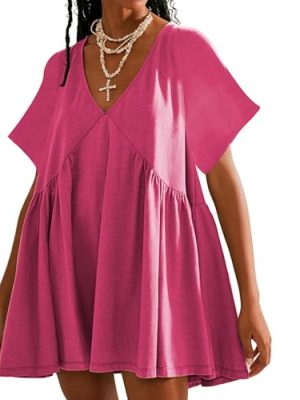 Womens Summer Mini Dress Casual Short Sleeve Loose V Neck Swing Sundress with Pocket
