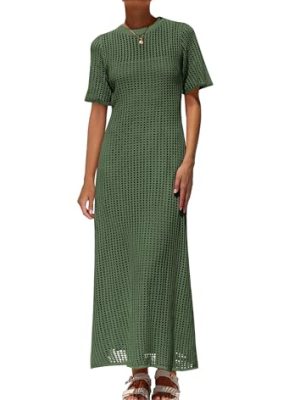 Womens Eyelet Cover Up Dress 2025 Summer Vacation Resort Maxi Dresses Beach Short Sleeve Hollow Out Sundress