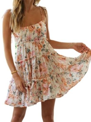 Womens Floral Mini Dress Boho Flowy Skater Spaghetti Strap Ruffle Sleeveless Beach Dress 2024 Summer Sundresses
