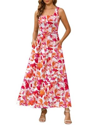 2025 Summer Sleeveless Long Beach Sundress Square Neck Tank Top Tiered Maxi Dress with Pockets