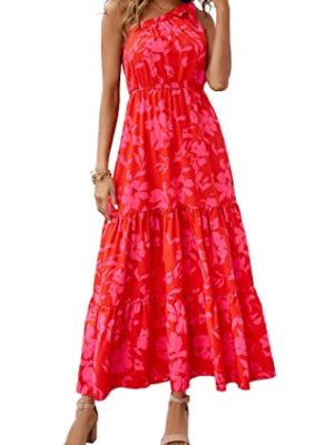 Women's Summer Floral One Shoulder Maxi Dress Knot Ruffle Boho Beach Vacation Wedding Guest Long Dresses