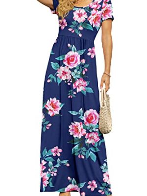 Womens 2025 Summer Maxi Dresses Casual Short Sleeve Empire Waist Spring Long Dress with Pockets