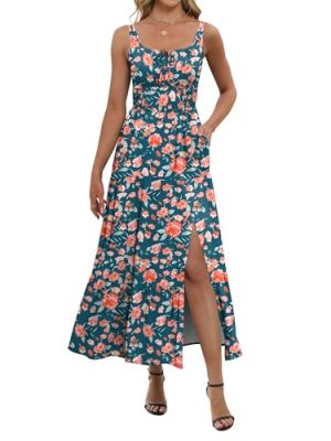 Women Summer Maxi Dress 2025 Square Neck Sleeveless Casual Boho Floral High Waist Slit Travel Vacation Sundress