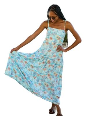 Women's Resort Dress, Organic Rayon Maxi Dress, Smocked Back, Adjustable Tie Straps, and Flowy Tiered Bottom