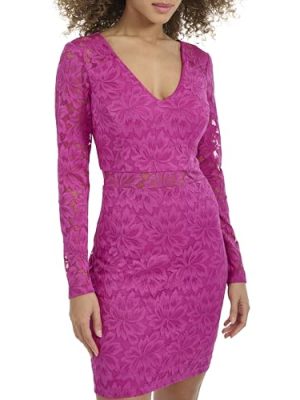 Women's Long Sleeve V-Neck Floral Stretch Lace Bodycon Mini Dress