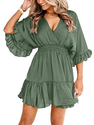Womens V Neck Casual Dresses Summer Loose High Waist Ruffle Pleated Cute Mini Short Dress