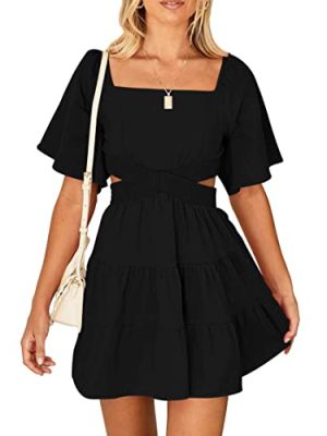 Women's Summer Dresses Square Neck Casual Short Sleeves Crossover Elastic Waist Party Mini Dress