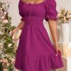 41i07VQVMwL.jpg Women's Boho 2025 Summer Mini Dress, Square Neck Front Tie Puff Sleeve Casual Mini Dress