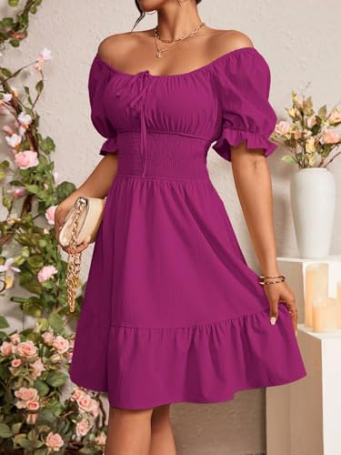 41i07VQVMwL.jpg Women's Boho 2025 Summer Mini Dress, Square Neck Front Tie Puff Sleeve Casual Mini Dress