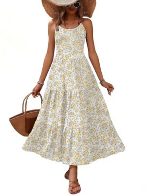 Womens Summer Long Dress Adjustable Spaghetti Strap Floral Casual Dress with Pockets Flowy Tiered Beach Sundress