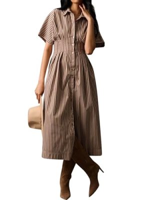 Women's Striped Button Front Pleated Maxi Shirt Dress Short Sleeve Collar V Neck Summer Casual Corset Long Dress
