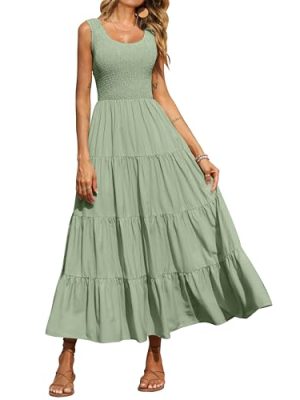 Women's 2025 Casual Loose Plain Maxi Sundress Smocked Tank Dress Sleeveless Summer Beach Tiered Long Dresses