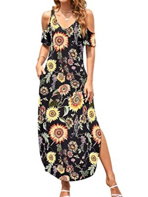 Women's Summer Maxi Dresses V Neck Cold Shoulder Short Sleeve Casual Loose Long Split Dress with Pocket